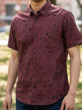 Calibrate Men's Short-Sleeve Printed Button-Up Shirt - Burgundy Slim Large